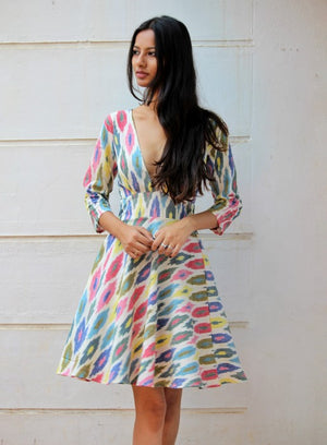 Handwoven Ikat V Neck Fit and Flare Dress