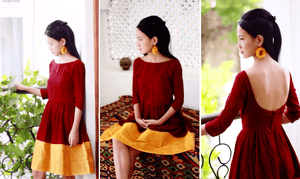 Maroon and Yellow Fit & Flare Madurai Saree Dress - Mogra Designs