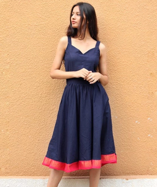 Vintage Style Navy Blue Sundress with Sari Border by Mogra Designs