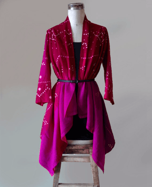 Pink Handwoven and Embroidered Bandhani Tribal Shawl Jacket in Wool - Mogra Designs