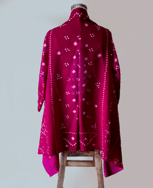 Pink Handwoven and Embroidered Bandhani Tribal Shawl Jacket in Wool - Mogra Designs