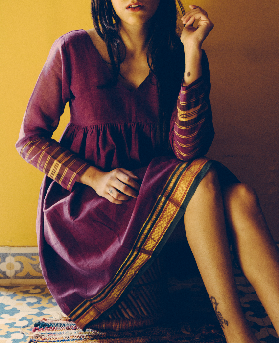 Purple and Gold Empire Line Saree Dress by Mogra Designs