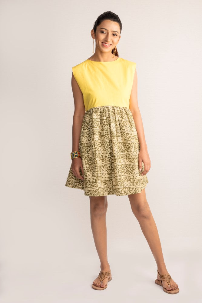 Mustard yellow A-line dress with Bagru prints by TAMASQ