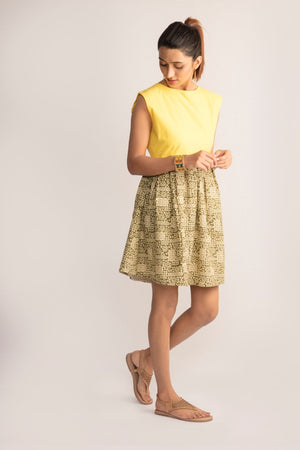 Mustard yellow A-line dress with Bagru prints by TAMASQ