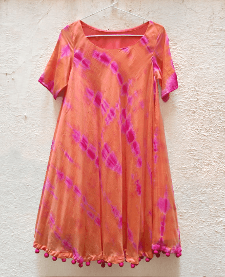Tie Dye Swing Dress with Handmade Pompoms - Mogra Designs