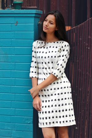White and Black Ikat Pencil Dress by Mogra Designs