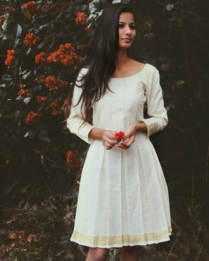 White and Gold Kasavu Pleated Saree Dress 
