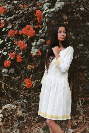 White and Gold Kasavu Pleated Saree Dress by Mogra Designs