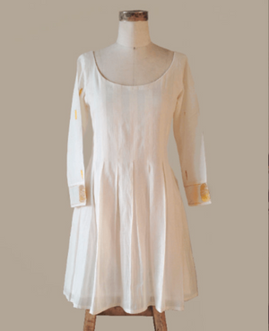 White and Gold Pleated Kasavu Saree Dress by Mogra Designs