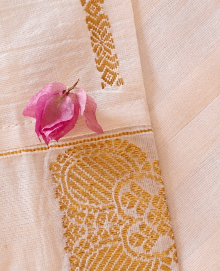 White and Gold Pleated Kasavu Saree Dress - Mogra Designs
