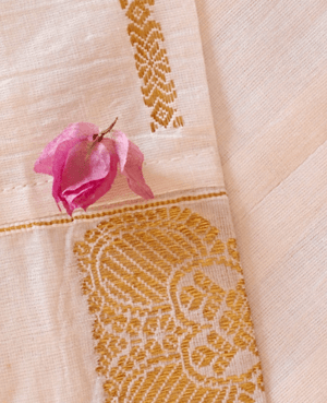 White and Gold Pleated Kasavu Saree Dress - Mogra Designs