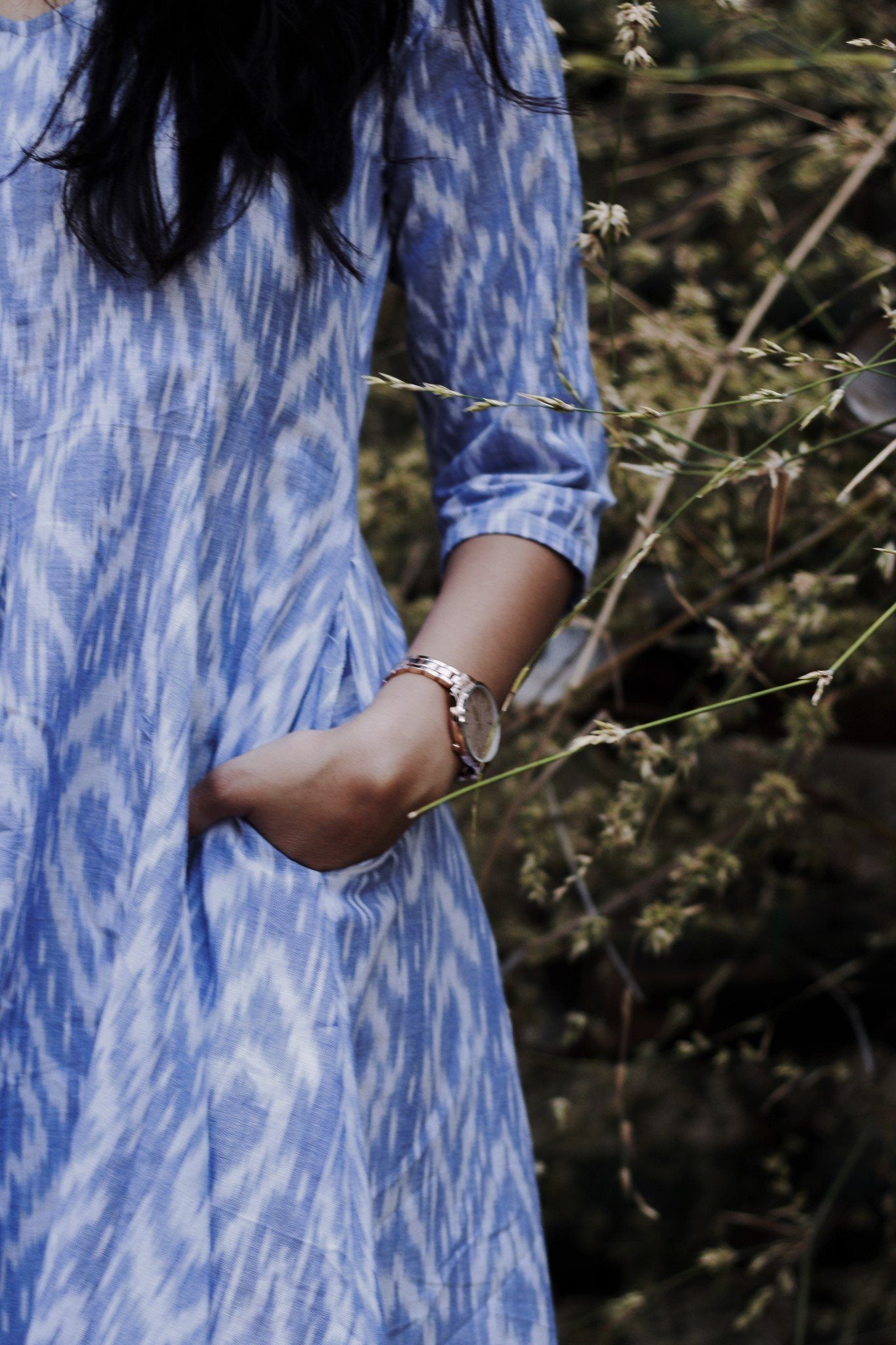 White and Blue Handwoven Ikat Fit and Flare Dress - Mogra Designs White and Blue Handwoven Ikat Fit and Flare Dress - Mogra Designs