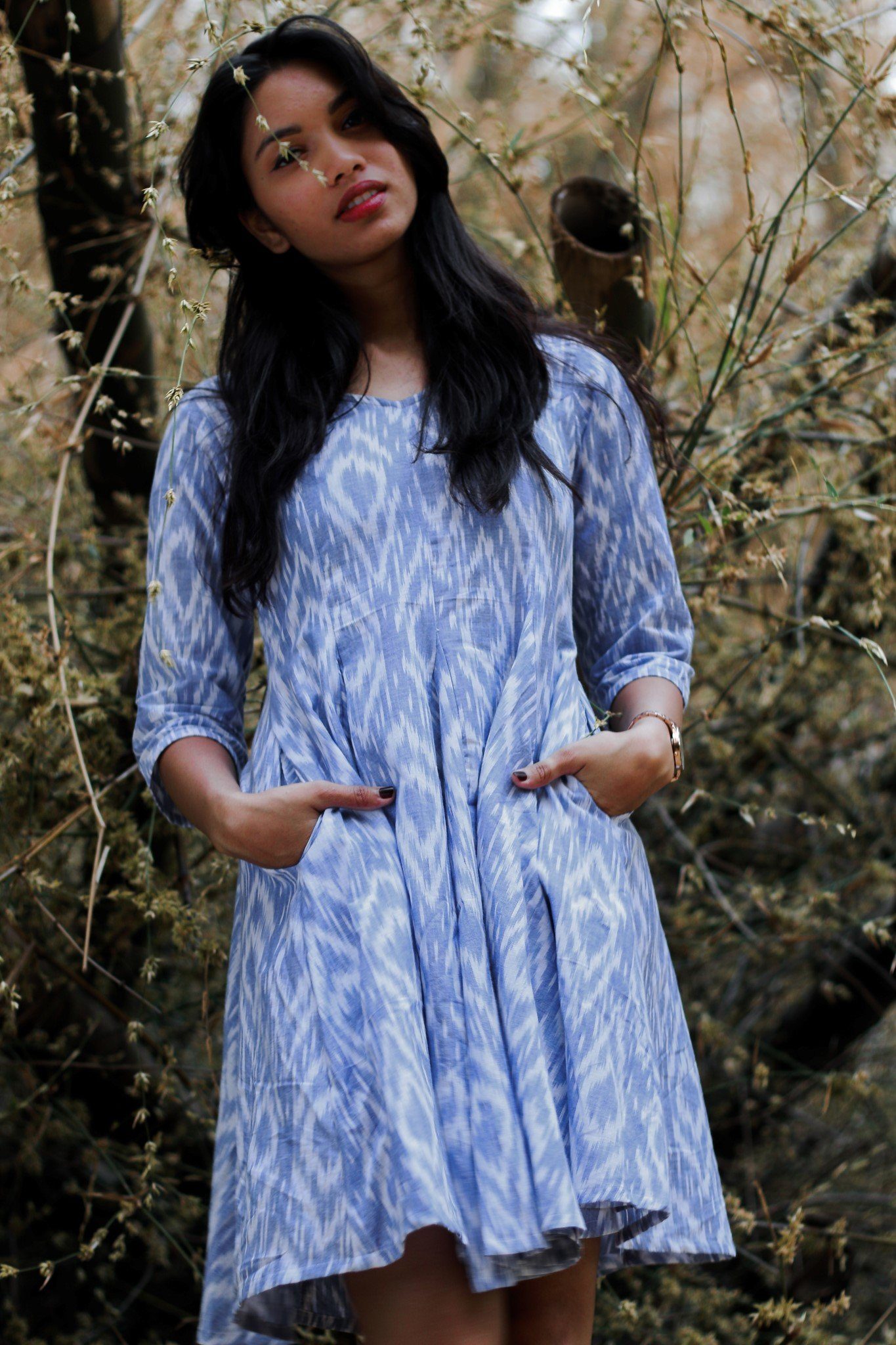 White and Blue Handwoven Ikat Fit and Flare Dress - Mogra Designs