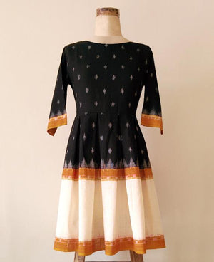 Handwoven Ikat Pleated Dress in Black & Ochre - Mogra Designs