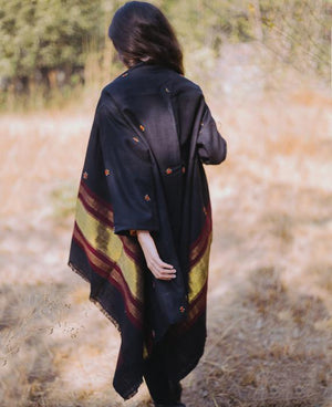 Handwoven and Embroidered Woolen Open Shawl Jacket - Mogra Designs