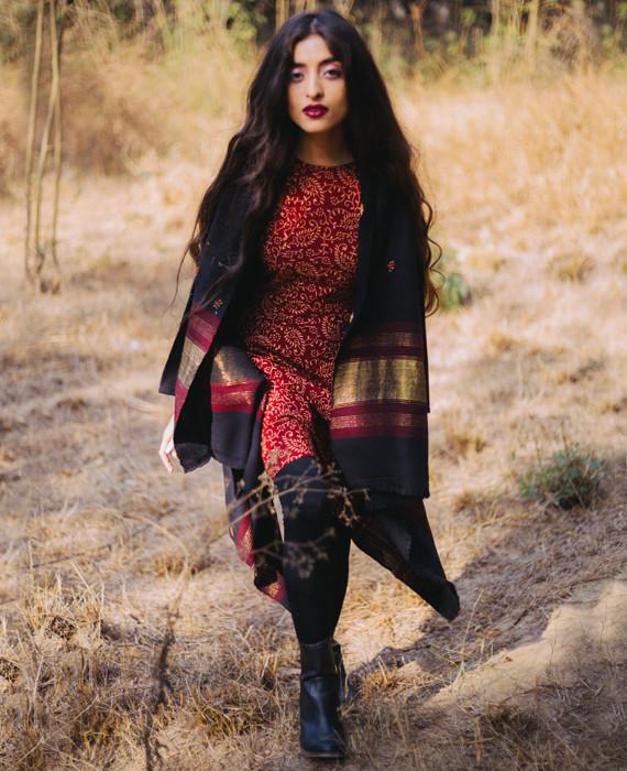 Handwoven and Embroidered Woolen Open Shawl Jacket - Mogra Designs