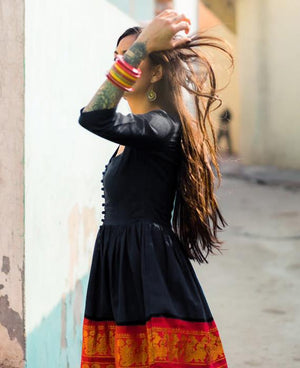 Midnight Black and Red Fit & Flare Madurai Saree Dress - Mogra Designs