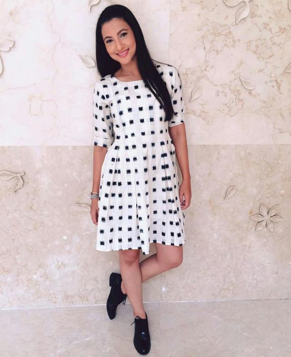 Handwoven Cotton Ikat Pleated Dress in White & Black - Mogra Designs