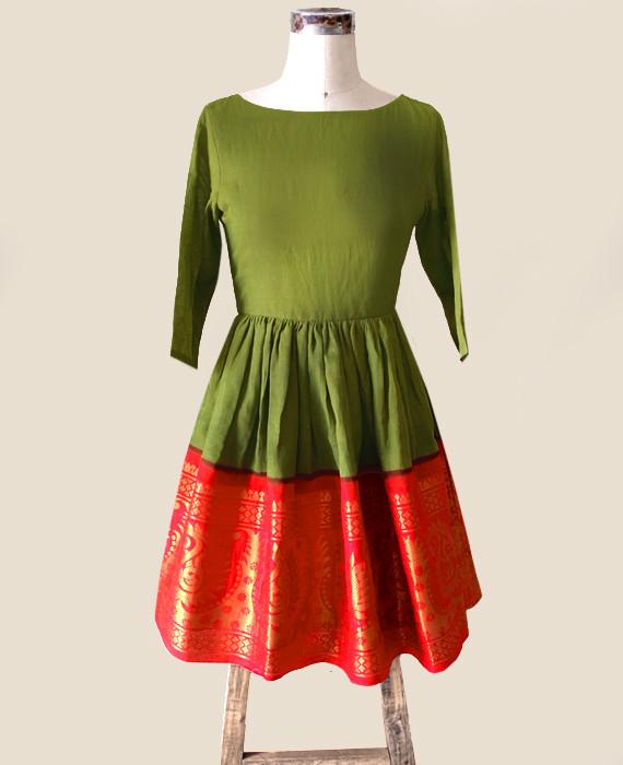 Green and Orange Fit & Flare Madurai Saree Dress - Mogra Designs