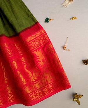 Green and Orange Fit & Flare Madurai Saree Dress - Mogra Designs