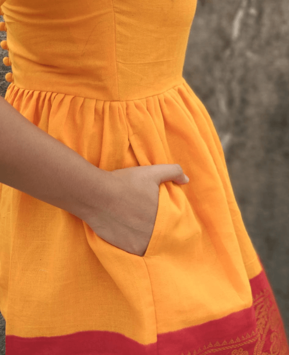 Yellow and Red Fit & Flare Madurai Saree Dress - Mogra Designs