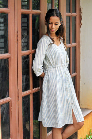Kala Cotton Blue Striped Drawstring Dress by Mogra Designs