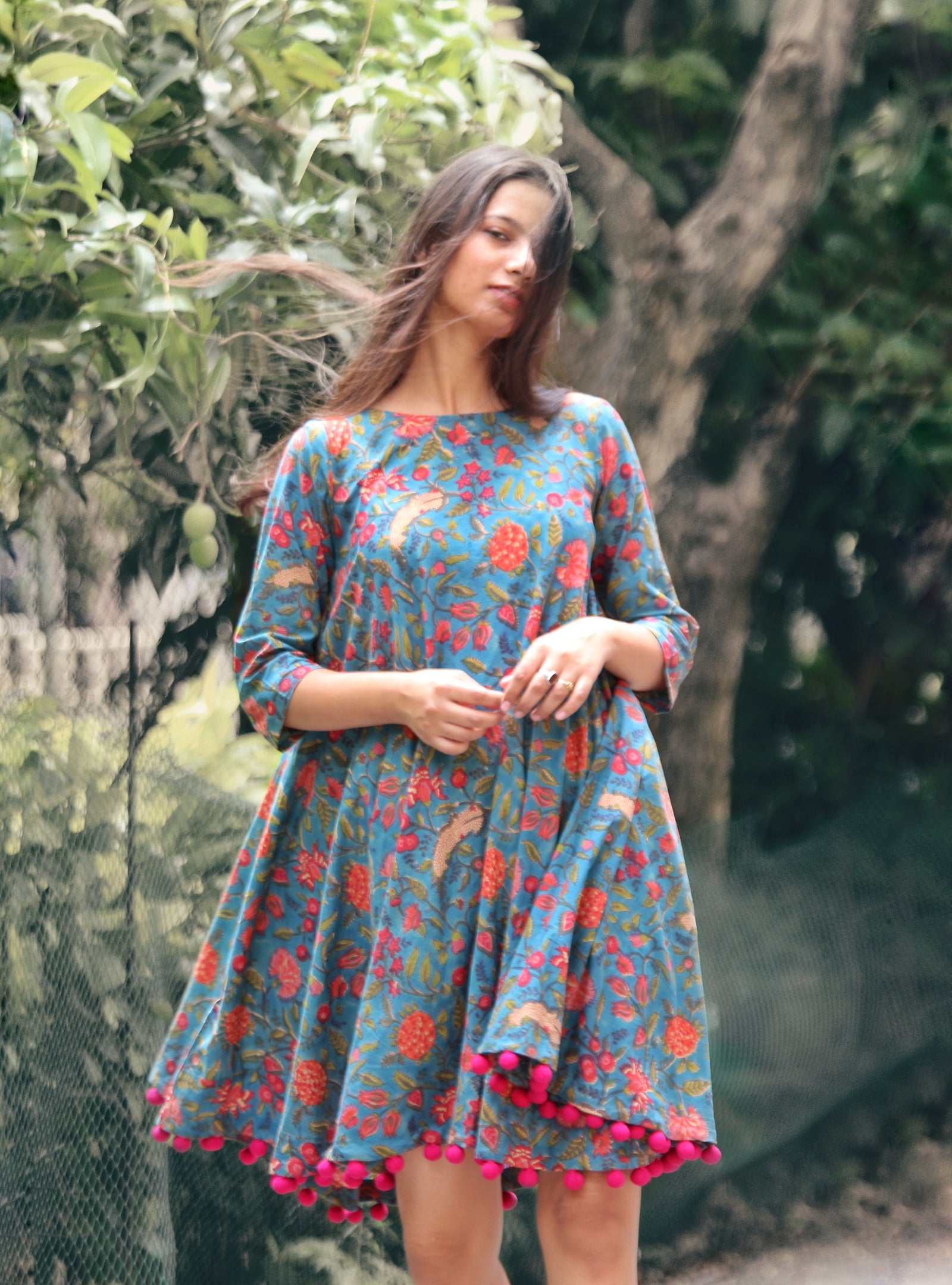 Floral Block Printed Swing Dress with Handmade Pompoms