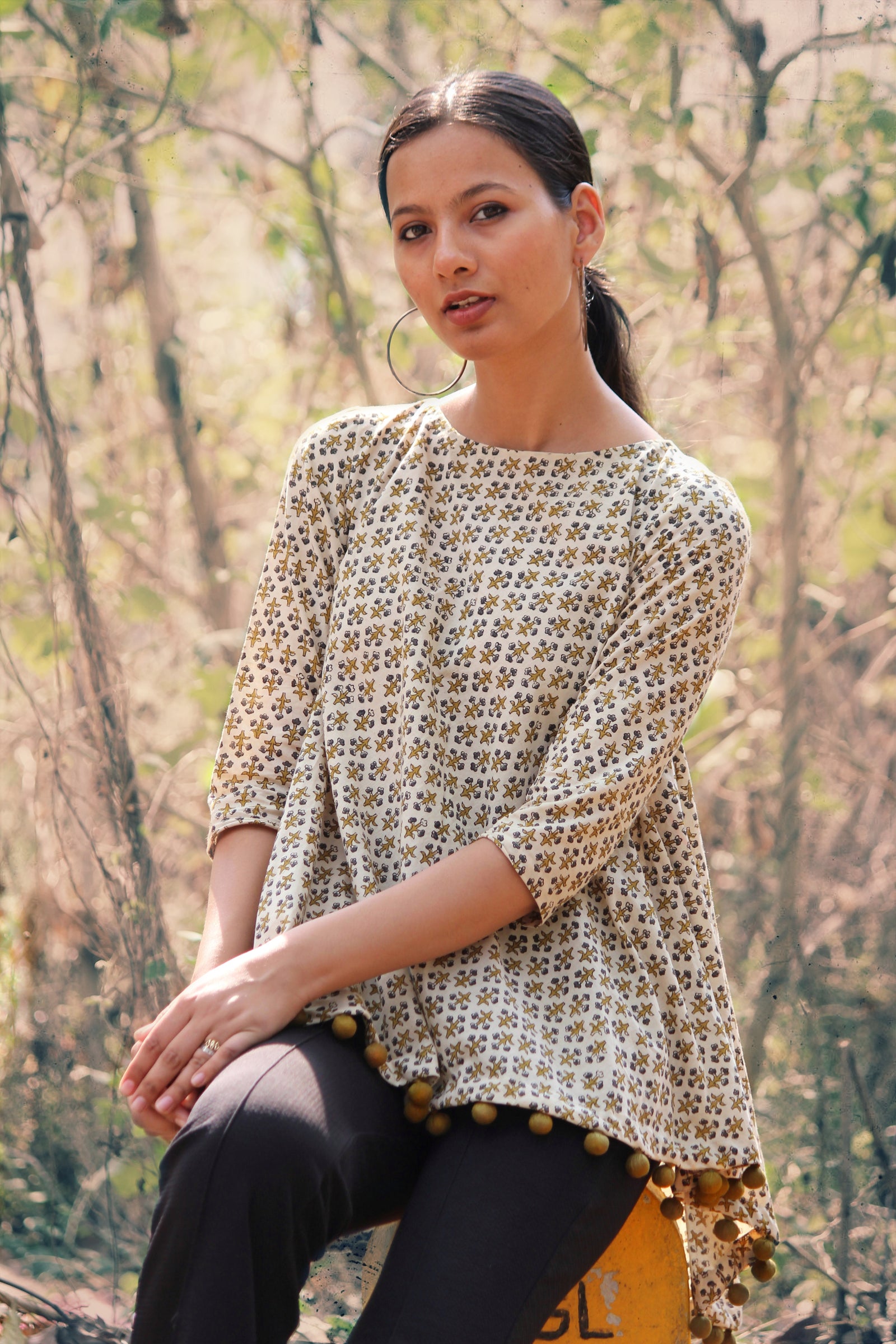 Cream Fern Swing Top with Handmade Pompoms