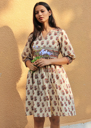 Cream and Maroon Bagru Printed Dress