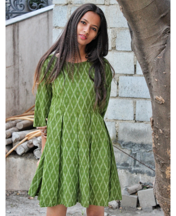 Green Handwoven Ikat Pleated Dress - Mogra Designs Green Handwoven Ikat Pleated Dress - Mogra Designs