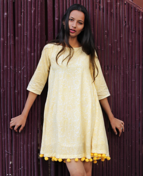 Yellow Pastel Floral Block Printed Swing Dress with Handmade Pompoms by Mogra Designs