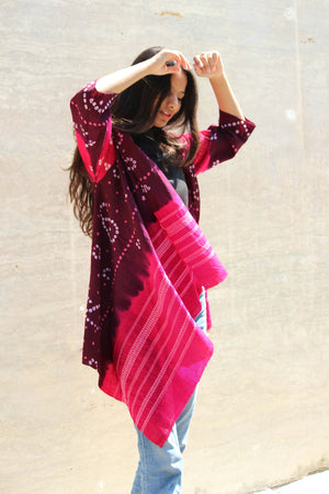 Purple Handwoven and Embroidered Bandhani Tribal Shawl Jacket in Wool