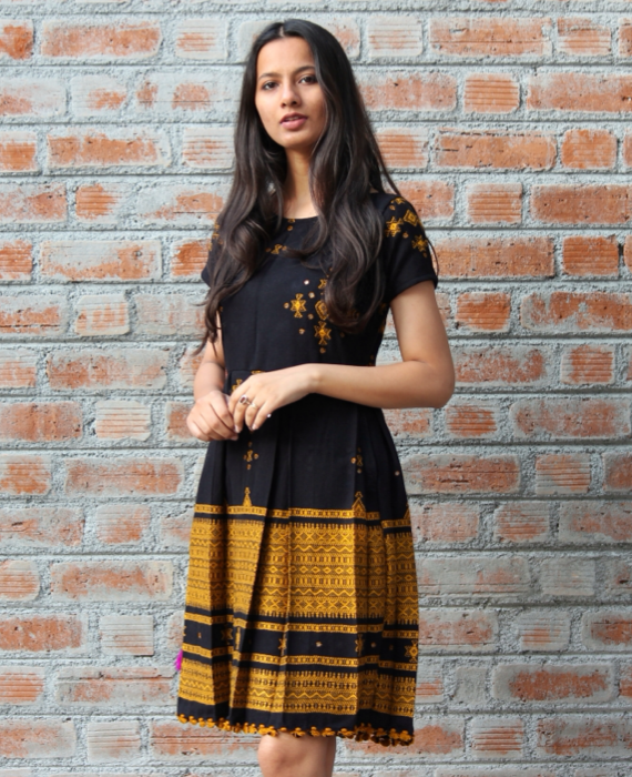 Black Mustard Handwoven Fit & Flare Wool Dress