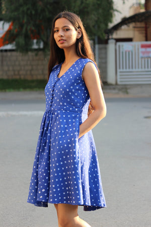 Blue Sleeveless Bandhani Dress