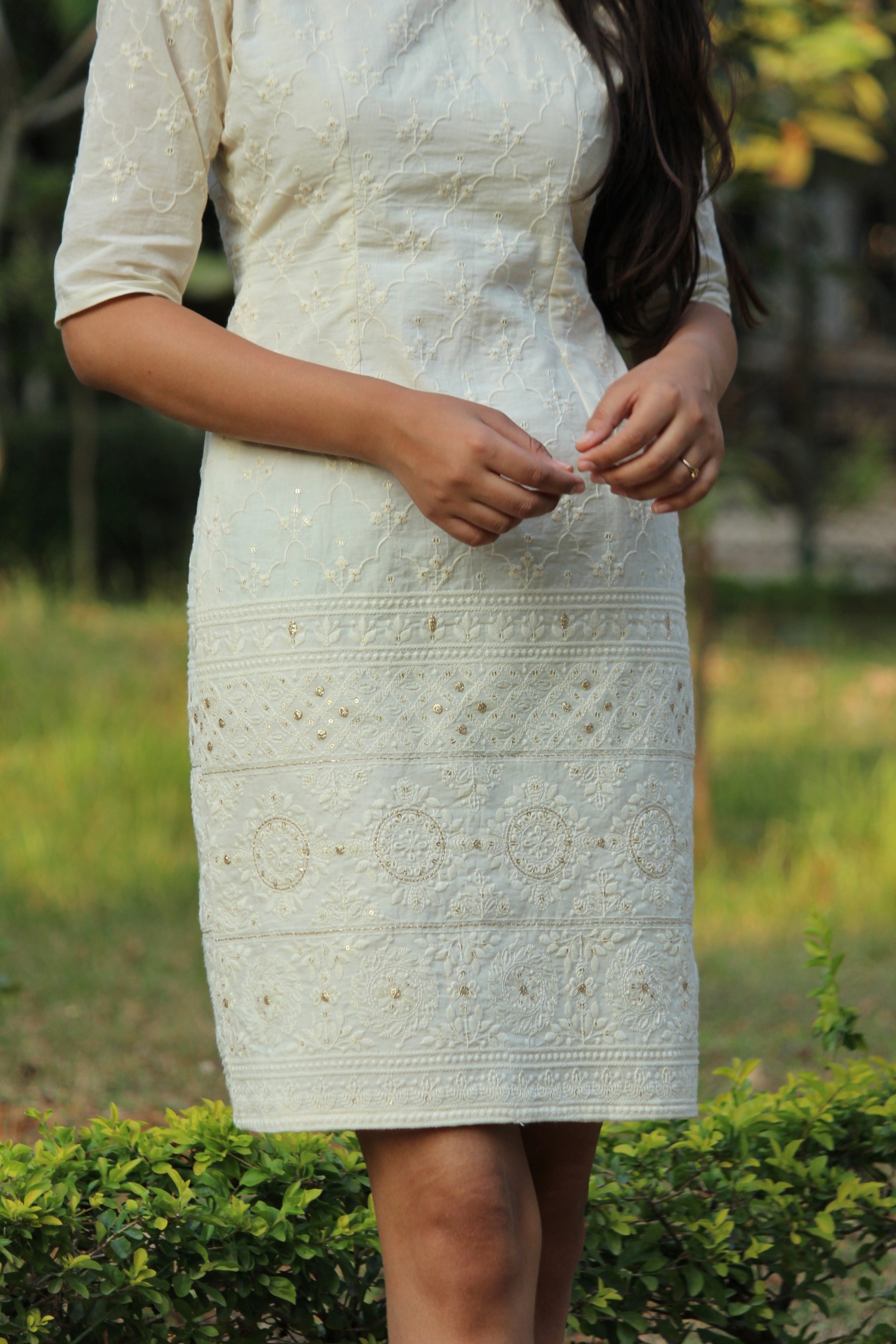 White Embroidered Pencil Dress - Mogra Designs White Embroidered Pencil Dress - Mogra Designs
