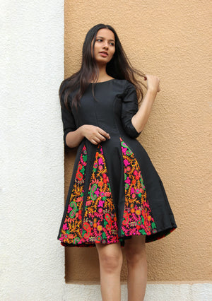 Floral Indian Embroidered Fit and Flare Dress in Black