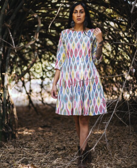Multi colour Ikat Pleated dress by Mogra Designs