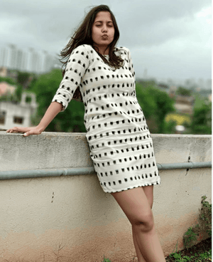 Handwoven Ikat Pencil Dress in White and Black - Mogra Designs