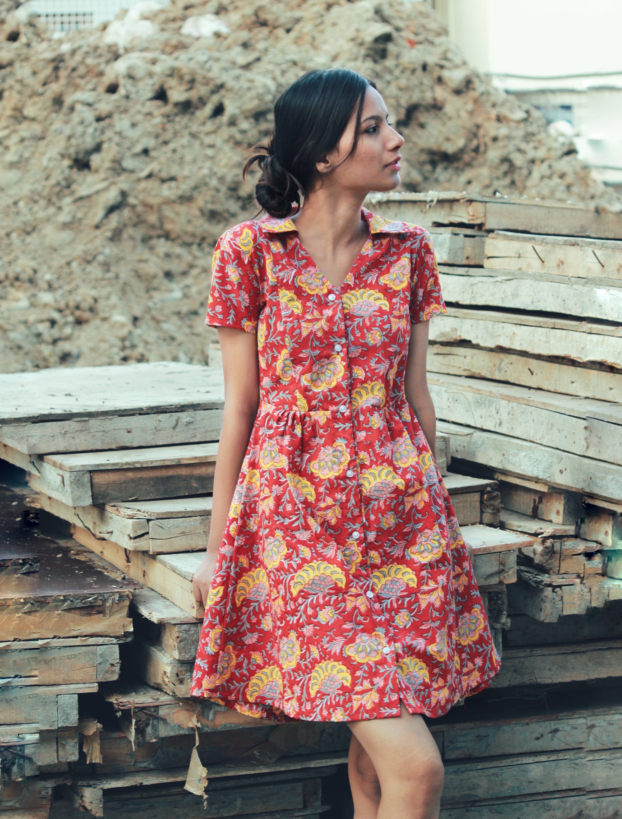 Red Wildflower Shirt Dress