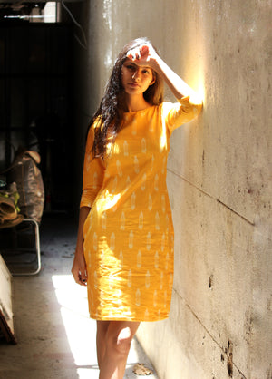 Handwoven Ikat Pencil Dress in Yellow