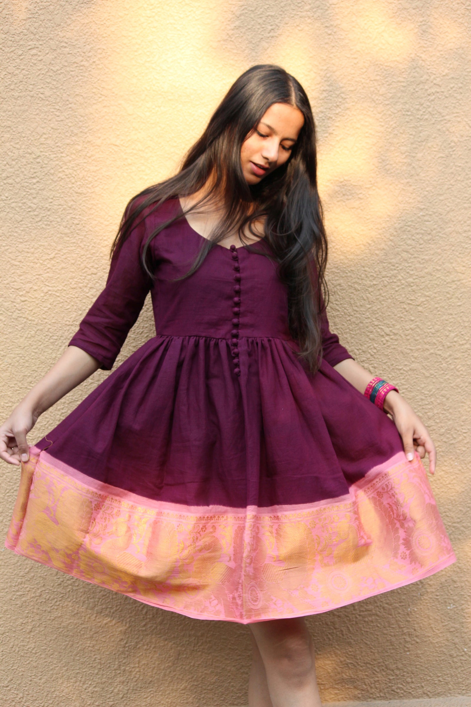 Burgundy and Coral Pink Fit & Flare Madurai Saree Dress