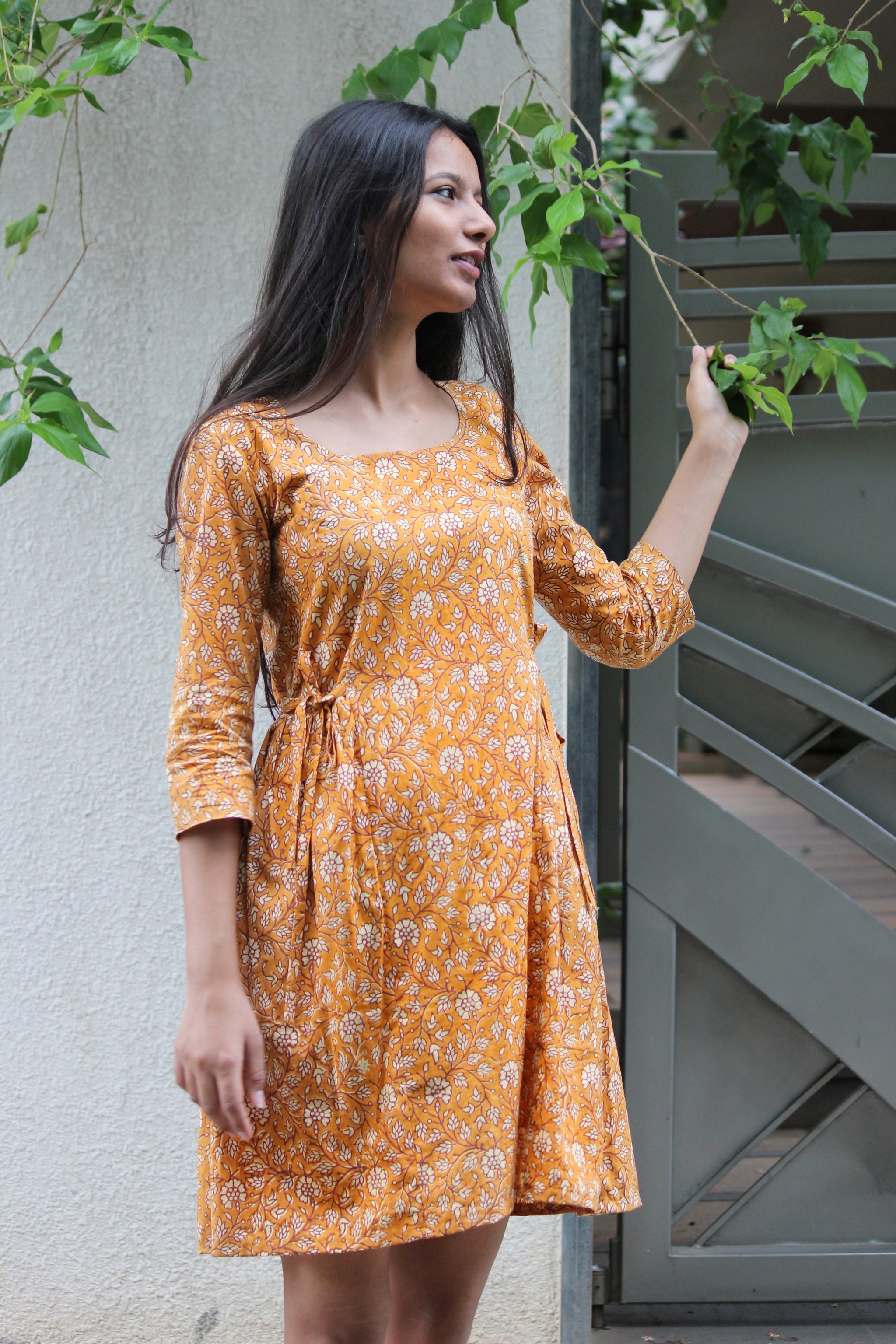 Mustard Hand Block Printed A-line Dress - Mogra Designs Mustard Hand Block Printed A-line Dress - Mogra Designs