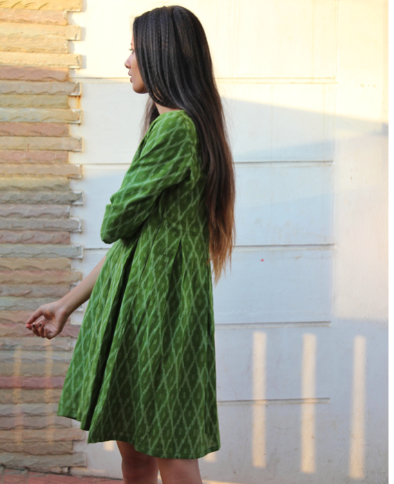 Green Handwoven Ikat Pleated Dress - Mogra Designs