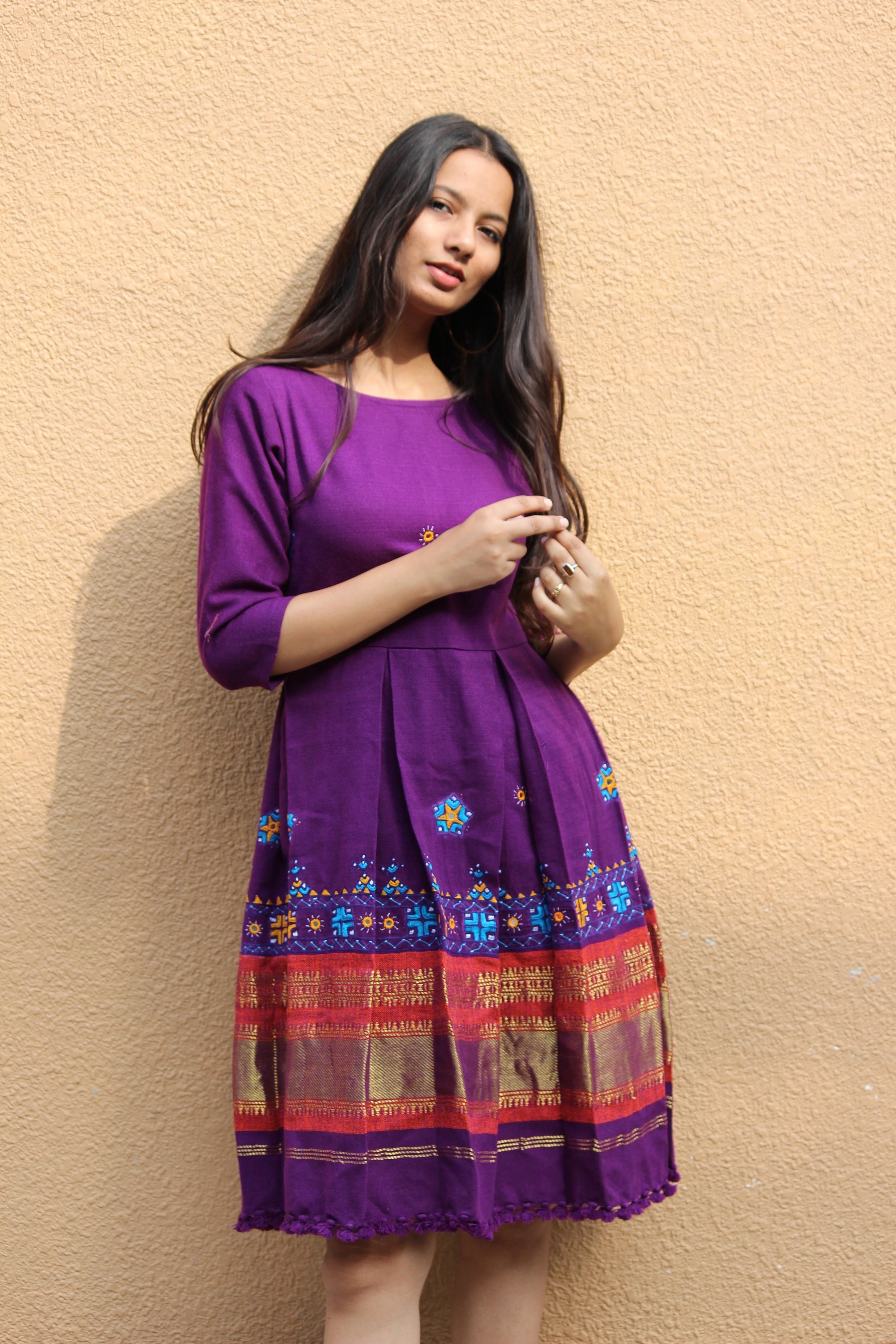 Handwoven and Hand Embroidered Fit & Flare Wool Dress in Eggplant