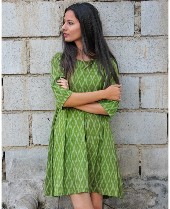 Green Handwoven Ikat Pleated Dress by Mogra Designs
