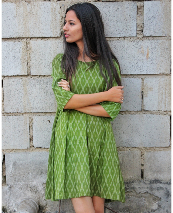 Green Handwoven Ikat Pleated Dress - Mogra Designs Green Handwoven Ikat Pleated Dress - Mogra Designs