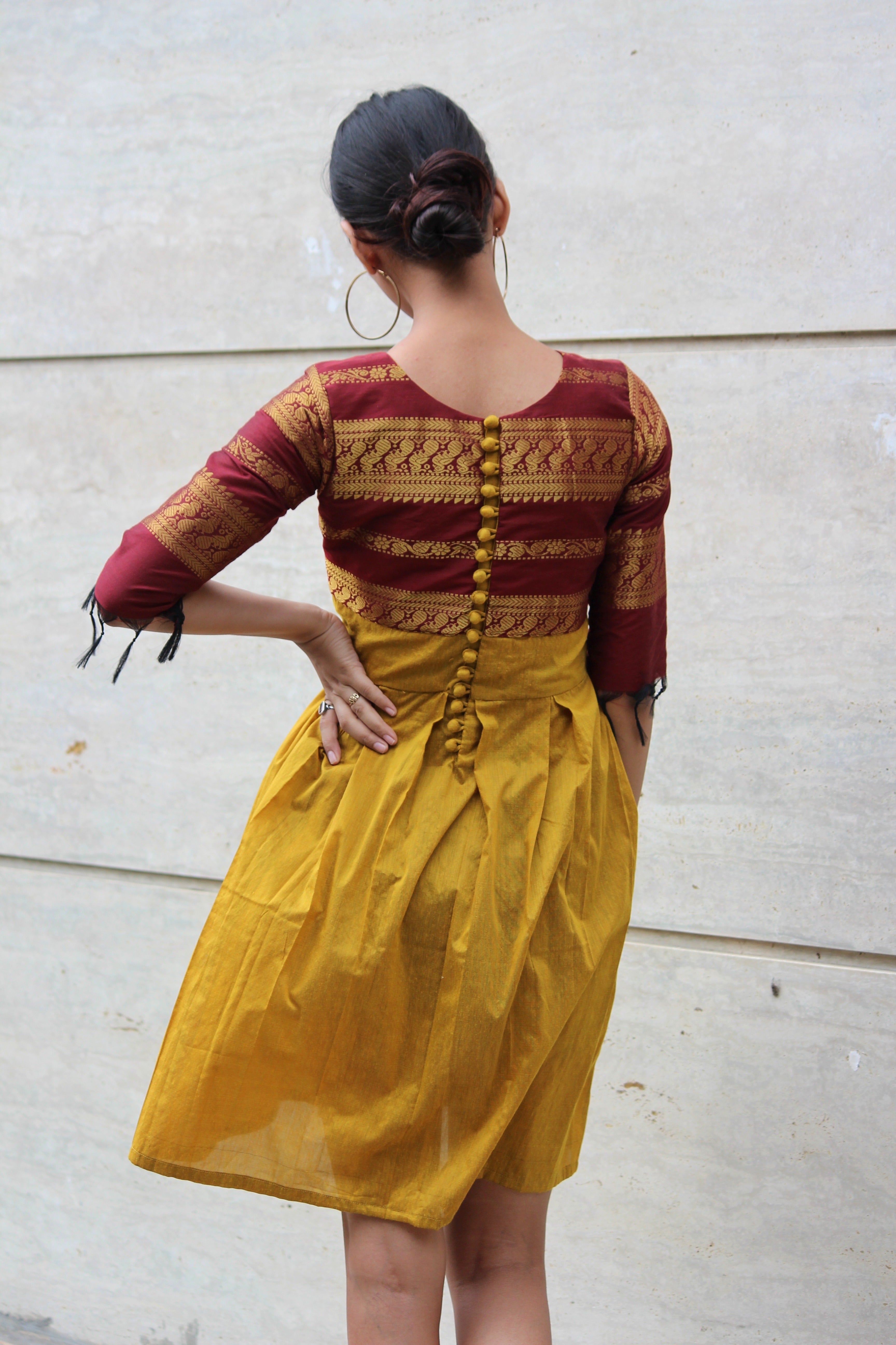 Deep Red and Mustard Pleated Saree Dress - Mogra Designs