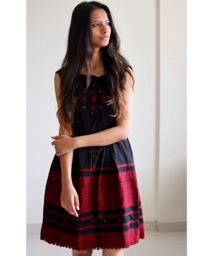 Handwoven and Hand Embroidered Fit & Flare Wool Dress in Black and Maroon by Mogra Designs