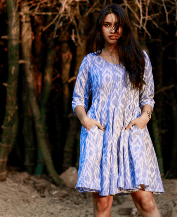 White and Blue Handwoven Ikat Fit and Flare Dress - Mogra Designs White and Blue Handwoven Ikat Fit and Flare Dress - Mogra Designs
