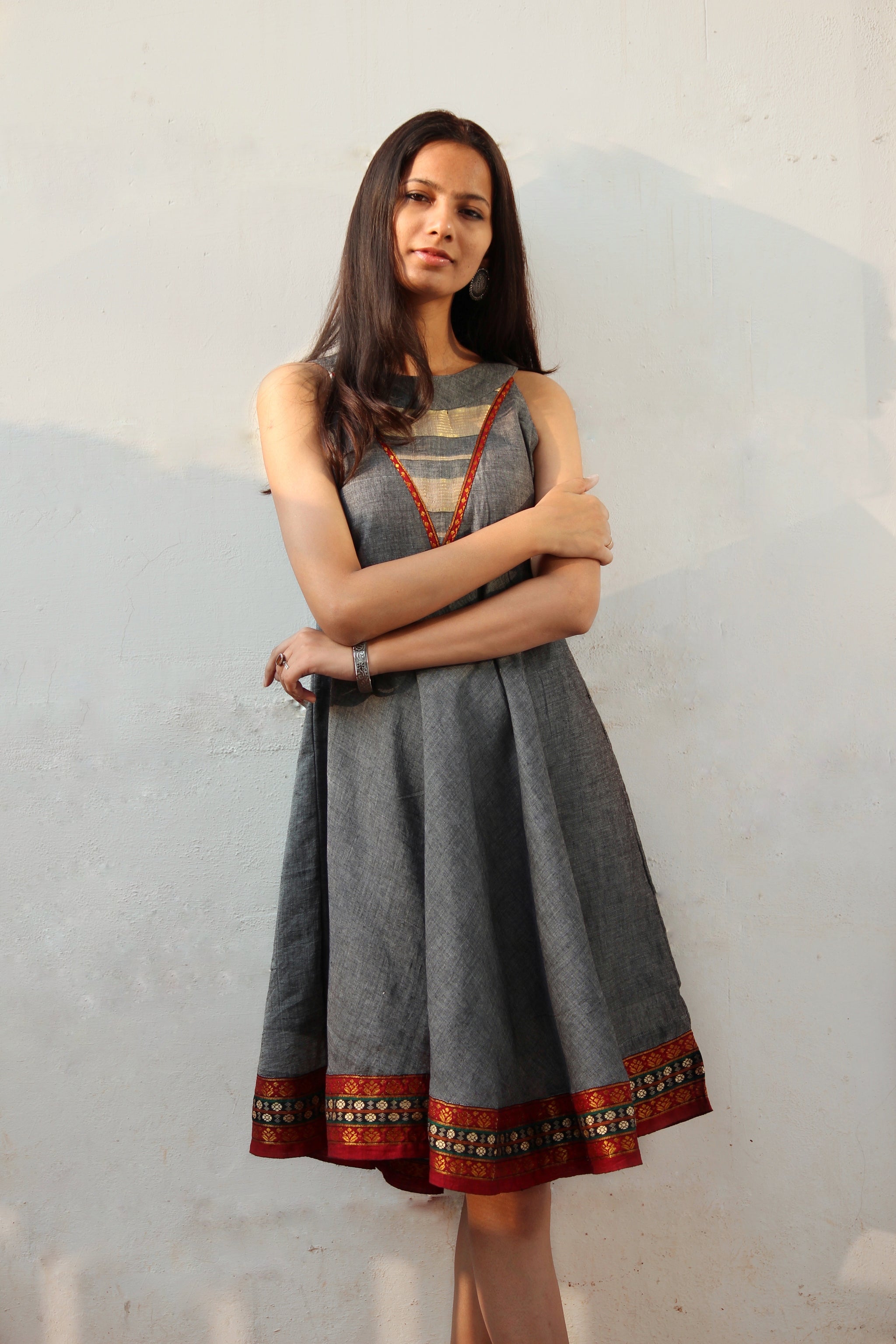 Grey Boho Style Flared Dress made from an Indian Saree - Mogra Designs Grey Boho Style Flared Dress made from an Indian Saree - Mogra Designs